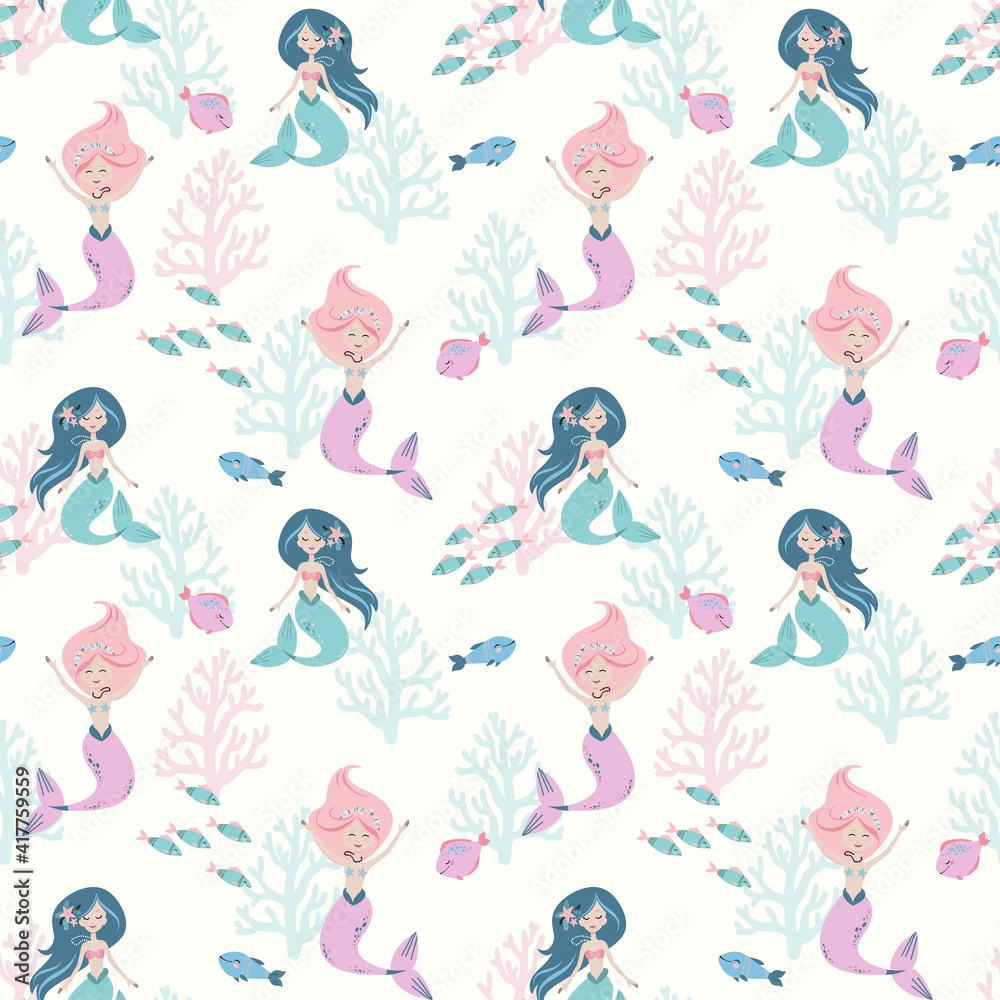 Cute illustrations of mermaids, corals and fish. Template for various types of printing. Cute pictures for patterns, business cards, invitations and postcards.