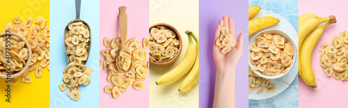 Collage of crispy banana chips on color background