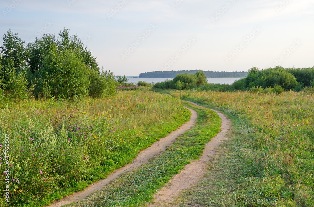 Evening view of the road leading to Lake Seliger, Tver region, Russia