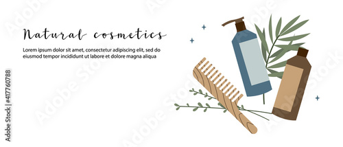 Natural skin care. Organic cruelty-free cosmetics. Vegan makeup. Herbal beauty products for face and body care. Vector flat cartoon illustration. Perfect for landing page, banner design, website