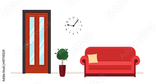 Reception at a medical center or office. Red sofa in front of door. Contemporary waiting room with plant and clock on wall. Vector illustration in flat style.