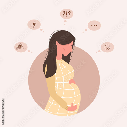 Sad pregnant woman doubts. Anxious girl has many questions. Young mother needs psychological help. Family support and pregnancy assistance. Vector illustration in cartoon style.