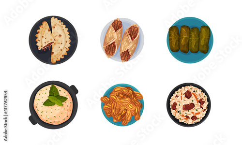 Turkish National Food with Rice and Dolma Above View Vector Set
