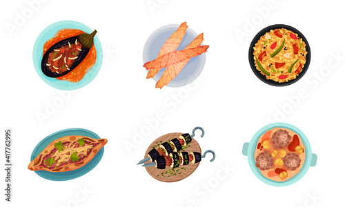 Turkish National Food with Pie Pide and Shashlik with Eggplant Above View Vector Set