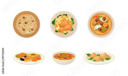Traditional Dishes of Uzbek Cuisine with Pilaf and Lagman Above View Vector Set