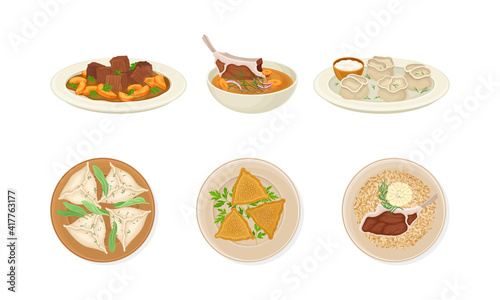 Traditional Dishes of Uzbek Cuisine with Dumplings and Mutton Soup Above View Vector Set