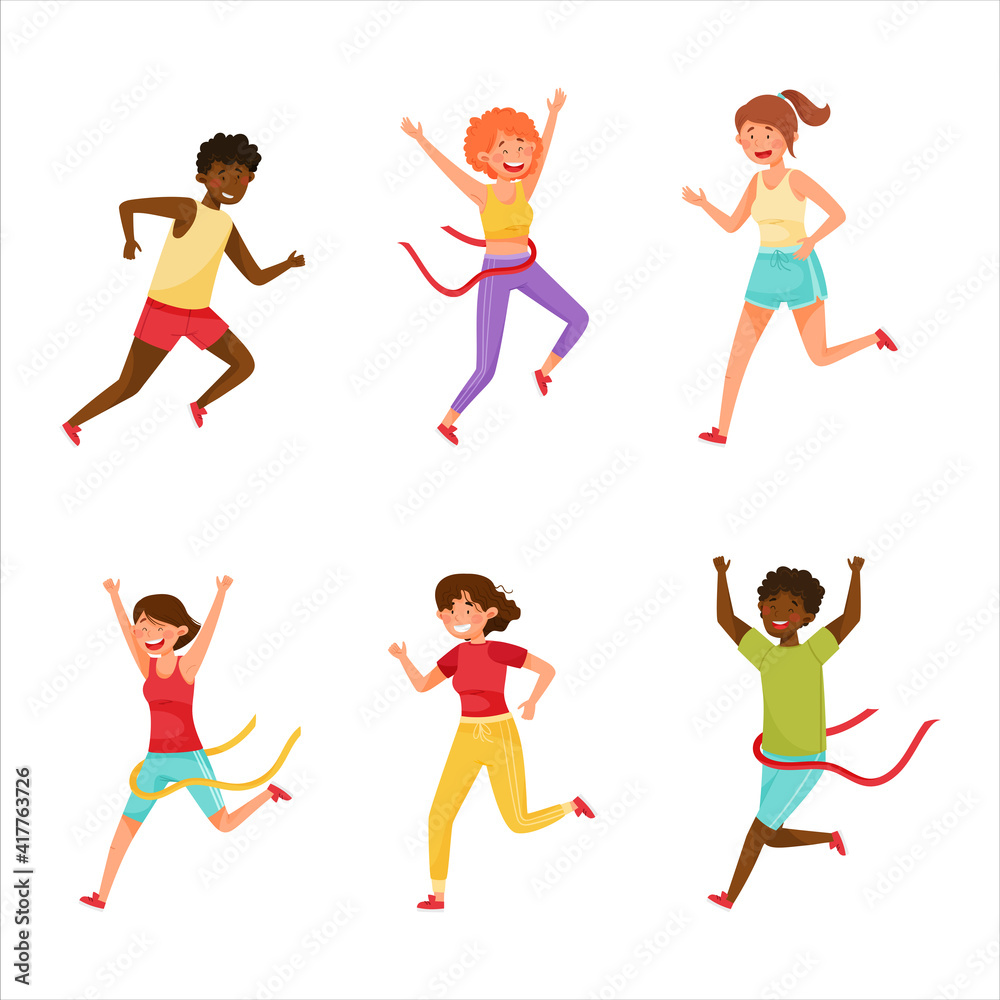 Young Male and Female in Sportswear Running in Marathon or Road Race Vector Illustration Set