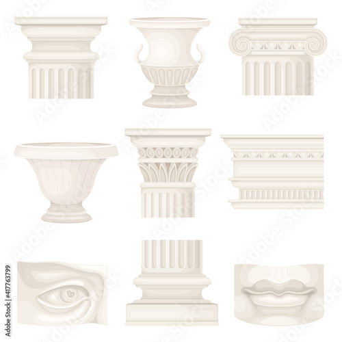 Antique Items with Ancient Ornamental Column Part and Amphora Vector Set