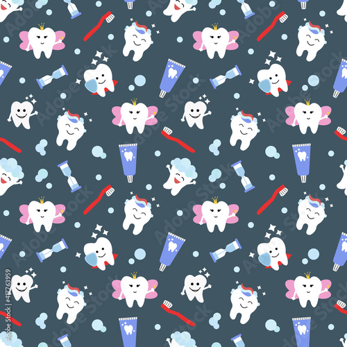 Seamless pattern with cute teeth and objects for dental care on blue background - funny toothpaste, brush, hourglass. Cute Tooth Fairy. Vector illustration.