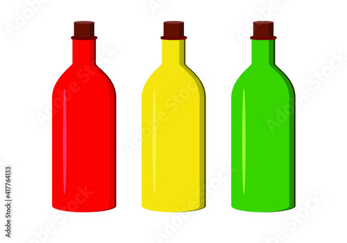 Three bottles of sauce. Red, yellow, green. Ketchup, mustard.