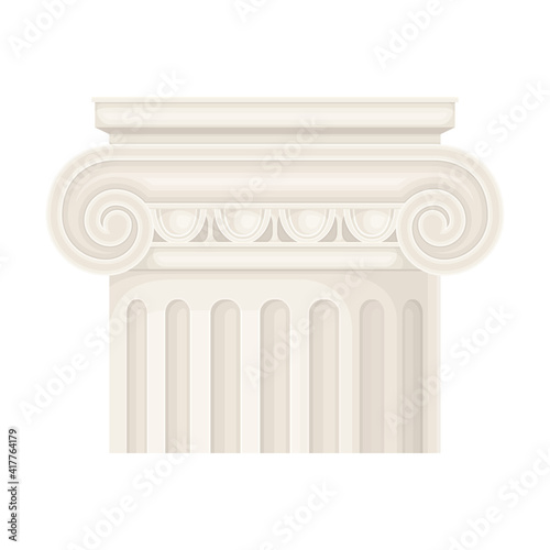 Antique Stone Column or Pillar Element with Capital in Ionic Style and Ancient Ornament Vector Illustration