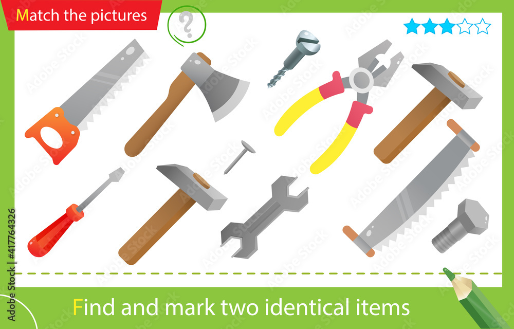 Find and mark two identical items. Puzzle for kids. Matching game, education game for children