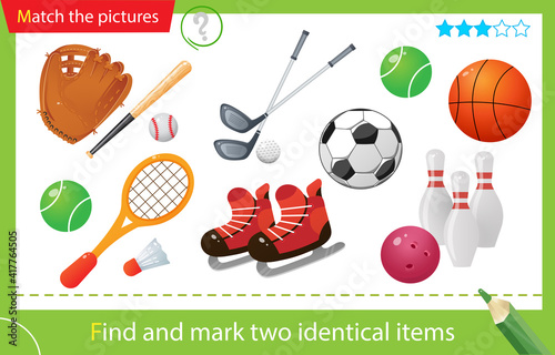 Find and mark two identical items. Puzzle for kids. Matching game, education game for children. Color images of sports equipment. Worksheet for preschoolers
