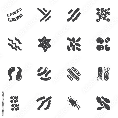 Microbes and viruses vector icons set, bacteria and germs modern solid symbol collection, filled style pictogram pack. Signs, logo illustration. Set includes icons as staphylococcus aureus infection