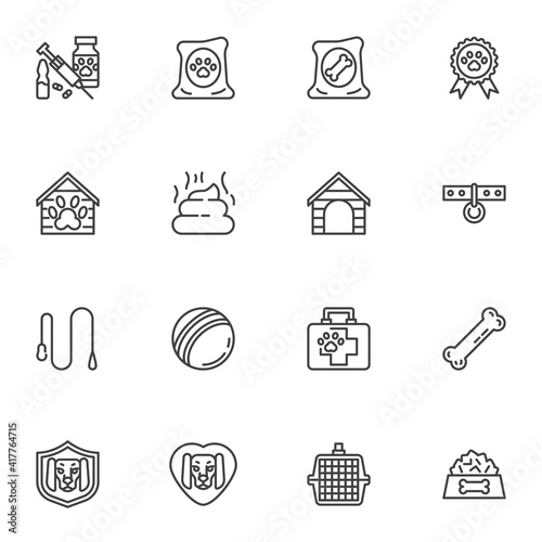 Pet shop line icons set, outline vector symbol collection, linear style pictogram pack. Signs, logo illustration. Set includes icons as kennel house, veterinary vaccine, animal poo, pet toys, bone