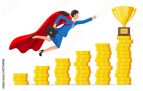 Super businesswoman with briefcase goes to golden trophy goal. Business woman look up to the target on coin chart ladder. Success, achievement, business vision career goal. Flat vector illustration