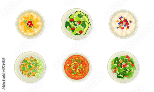 Vegan Dishes and Main Courses with Oatmeal Porridge and Vegetable Salad Vector Set