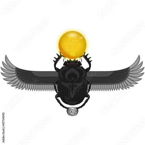 Ancient Egyptian iconography, Winged scarab with symbol of the eye of horus and ankh cross, dung beetle from Egyptian mythology