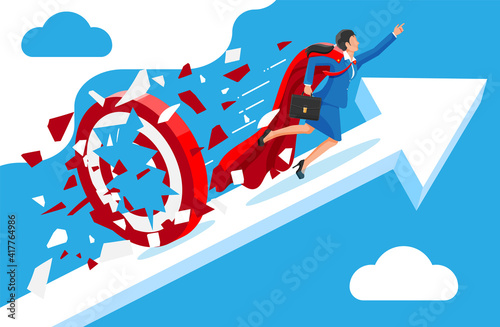 Super businesswoman running and breaking target. Business woman in suit with briefcase. Goal setting. Smart goal. Business target concept. Achievement and success. Vector illustration in flat style