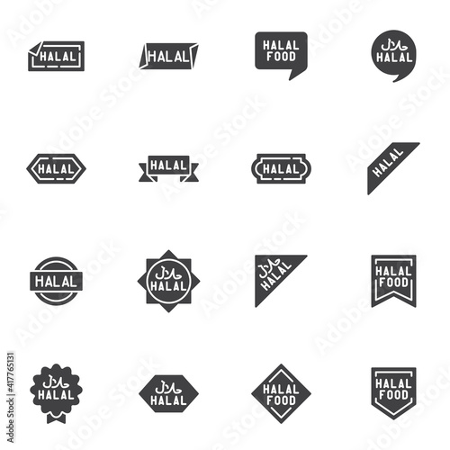 Certified halal food vector icons set, modern solid symbol collection, filled style pictogram pack. Signs, logo illustration. Set includes icons as halal food sticker, price tag, quality award label