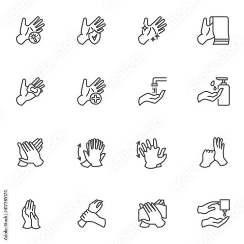 Hand washing line icons set, hand hygiene outline vector symbol collection, linear style pictogram pack. Signs, logo illustration. Set includes icons as cleaning palms and fingers, sanitizer gel