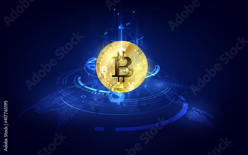 Global Abstract Bitcoin Crypto Currency Blockchain Technology World Map Background Illustration