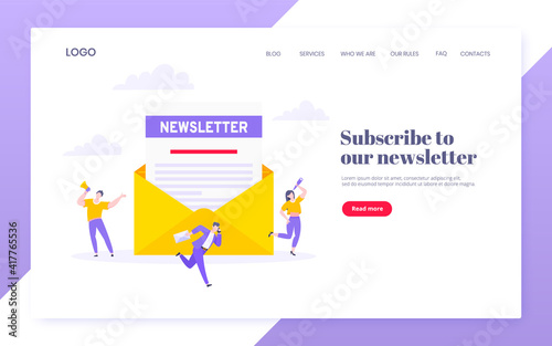 Subscribe now to our newsletter vector illustration with tiny people working with envelope and newsletter. Email news subscription or mail marketing business flat style design landing page concept.