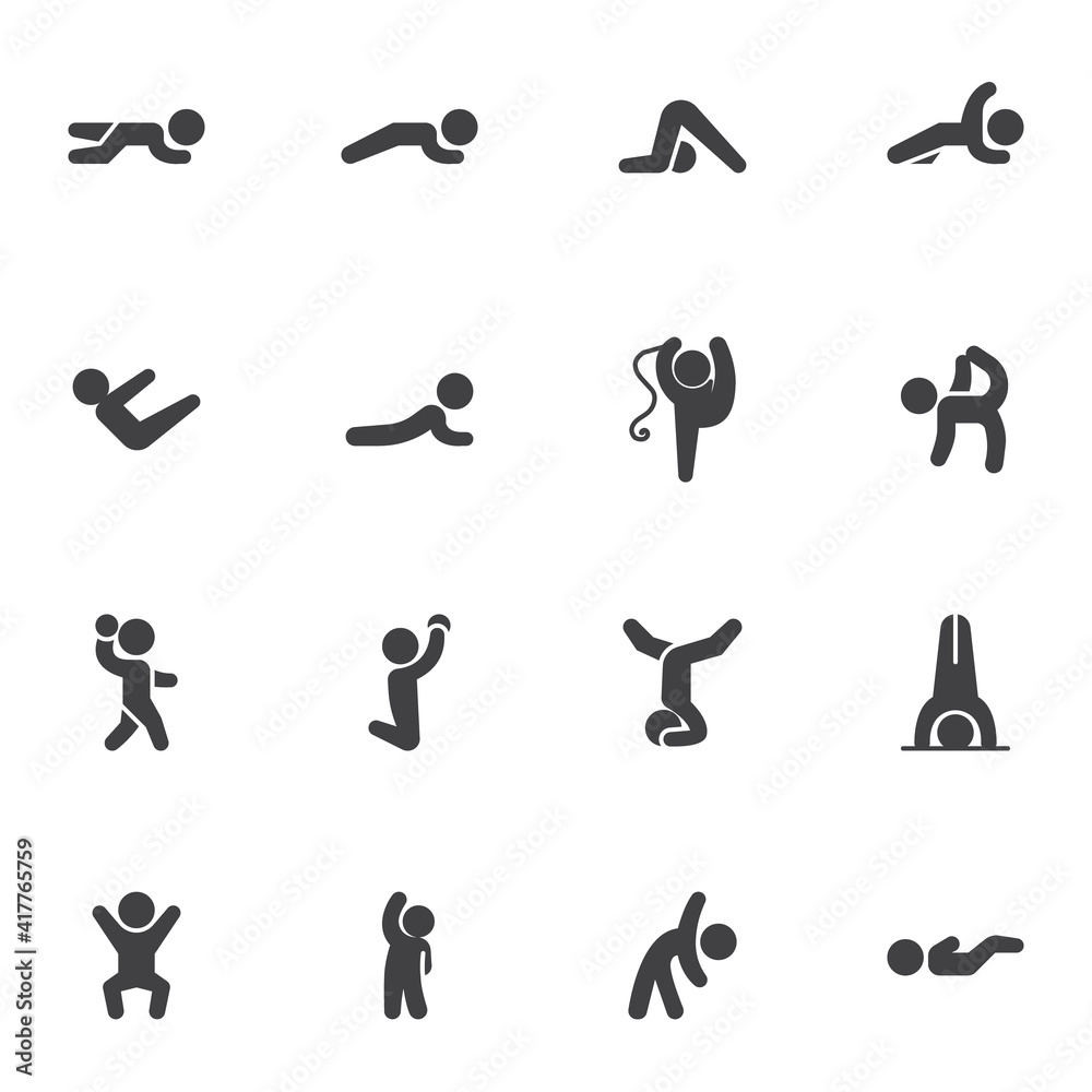 Sports training vector icons set, modern solid symbol collection, filled style pictogram pack. Signs, logo illustration. Set includes icons as gymnastics exercise, workout training