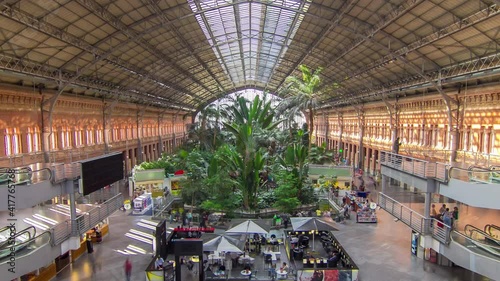 Tropical green house timelapse, location in 19th century Atocha Railway Station in Madrid, Spain. Inside view