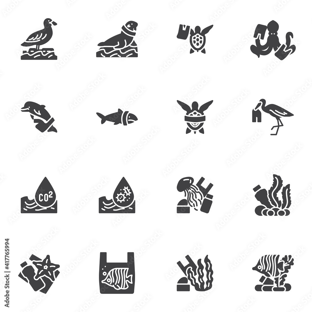 Fototapeta premium Water pollution vector icons set, modern solid symbol collection, filled style pictogram pack. Signs, logo illustration. Set includes icons as environmental contaminants, marine animals with plastic
