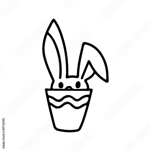 Hand drawn doodle Happy Easter card with bunny, pot isolated on white background. Vector illustration. Design for coloring book, greeting card, print.