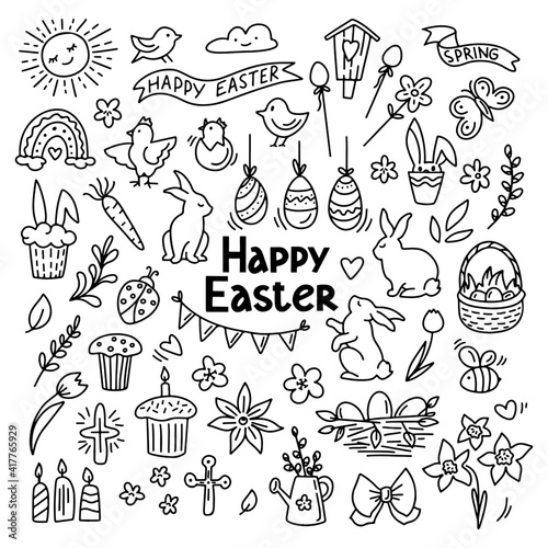 Hand drawn doodle easter elemetns isolated on white. Basket with colored eggs, bunny, carrot, tulips, glazed cake, candle, chick. Vector illustration. Design for coloring book, greeting card, print.