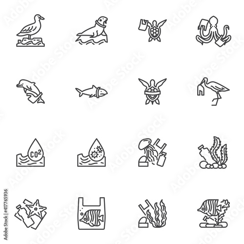 Water pollution line icons set, outline vector symbol collection, linear style pictogram pack. Signs, logo illustration. Set includes icons as environmental contaminants, marine animals with plastic