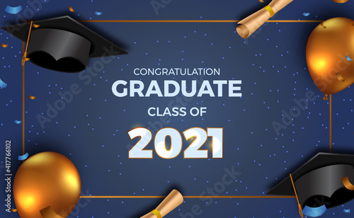 luxury graduation party poster invitation for class of 2021 with 3d golden balloon and graduation cap hat and paper with confetti
