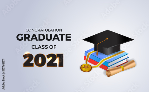 congratulations graduate class of 2021 with 3d isometric book and graduation cap hat and medal