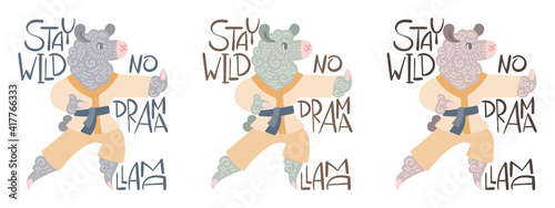 Stay Wild. No Drama. Llama. Set of cute, curly-haired alpacas in a kimono. Vector illustration with lettering for coloring pages, prints for children and adults, sports, healthy lifestyle