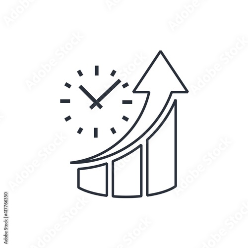 Clock face and graph up. Time flow. Vector linear icon isolated on white background.
