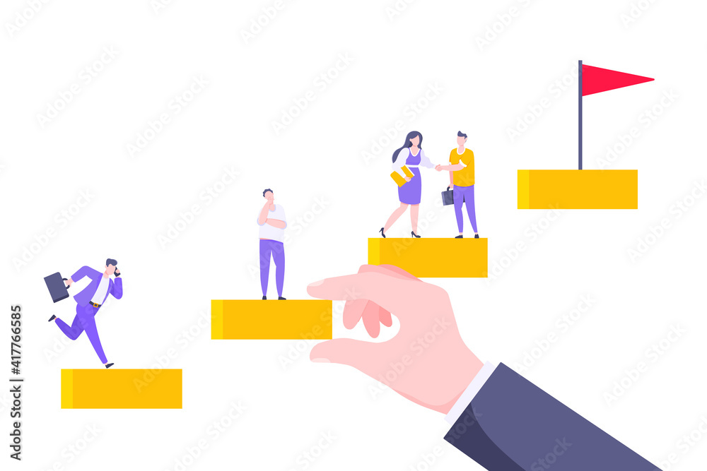 Business mentor helps to improve career and holding stairs steps vector illustration. Mentorship, upskills and self development strategy flat style design business concept.