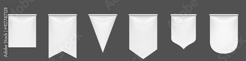 White pennant flags mockup, blank vertical banners on flagpole with rounded, straight, pointed and double edges. Isolated medieval heraldic empty ensign templates. Realistic 3d vector illustration set photo