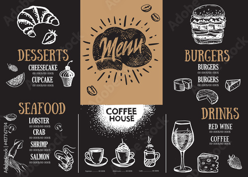Brochure Restaurant, menu, template design. Food flyer. Hand-drawn style.