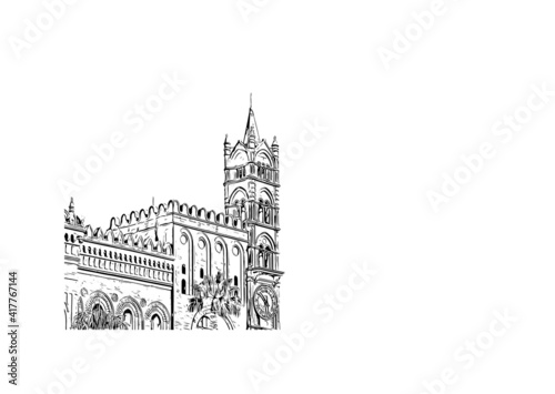 Building view with landmark of Palermo is the capital of the Italian island of Sicily. Hand drawn sketch illustration in vector.