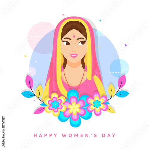 Happy Womens Day Greeting Card with Illustration of an Indian Women and Colorful Flowers.