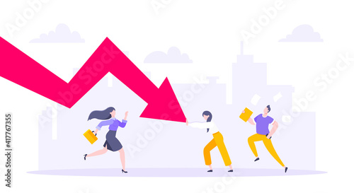 Cost reduction and business bankruptcy concept. Young adult people pushed red crisis arrow downturn vector illustration. Economy crisis, investment global market risk and stock market crash metaphor.