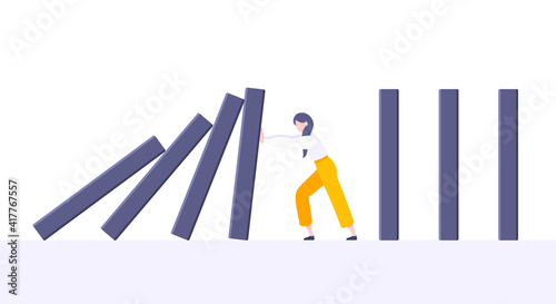 Business resilience or domino effect metaphor vector illustration concept. Adult young businesswoman pushing falling domino line business concept of problem solving and stopping domino chain reaction.