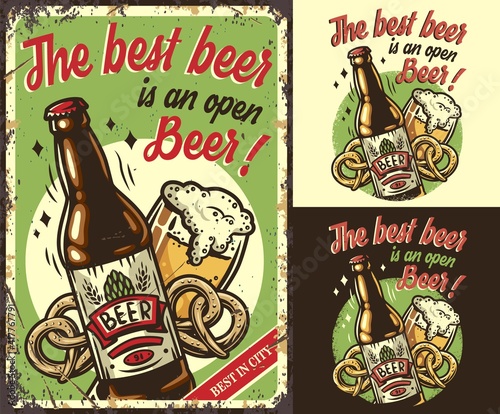 Set of poster, t-shirt colored print, craft lager beer mug with foam. Pint, pretzel and bottle for bavarian oktoberfest