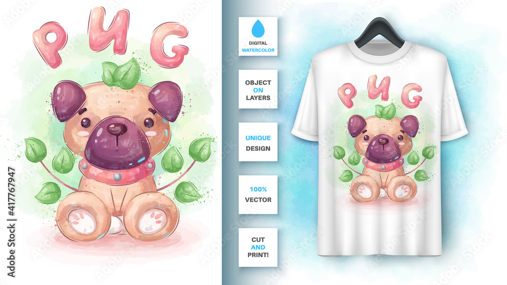 Pug in leaf poster and merchandising. Pug in leaf poster and merchandising.