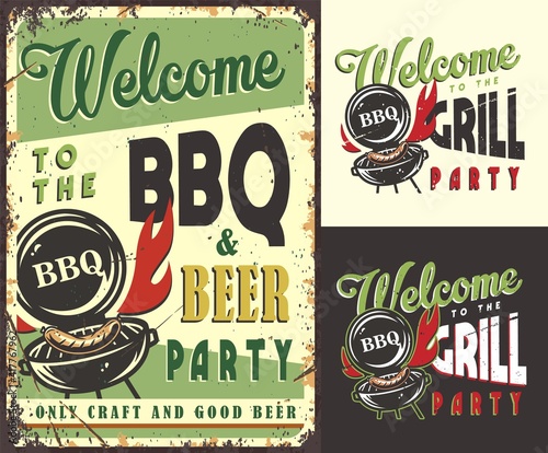 Set of poster, t-shirt colored print with barbeque maker and sausage for picnic, grill party and camping