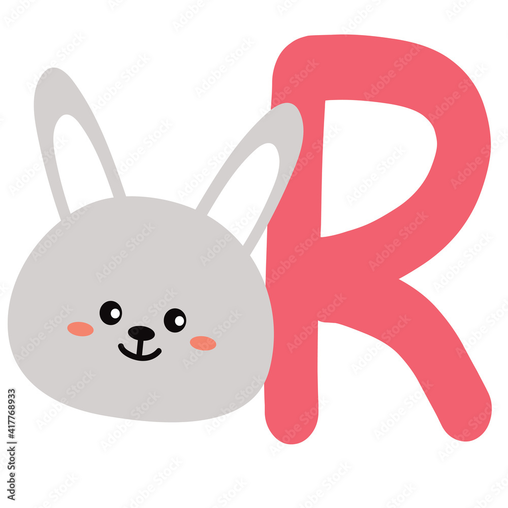 Capital letter R of English alphabet with cute cartoon Rabbit. Funny font for kindergarten and preschool education. Hand-drawn vector illustration on white background Capital letter R of English alphabet with cute cartoon Rabbit. Funny font for kindergarten and preschool education. Hand-drawn vector illustration on white background
