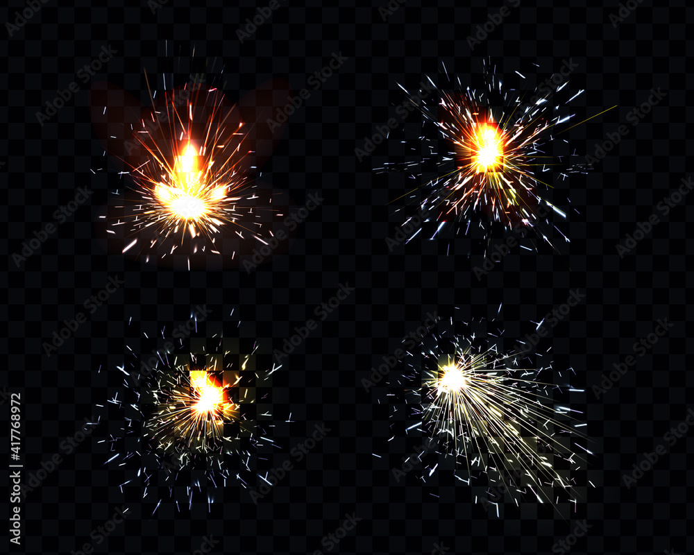 Sparks fire set, sparkler, petard weld or firework flare. Bright glowing light with scatter flying particles isolated on black or transparent background background, Realistic 3d vector illustration