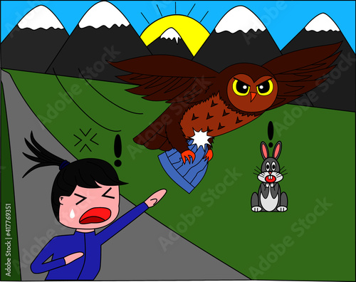 Owl grabbing a female runner's hat while a rabbits watches in shock. Mountains in the background with sun setting behind them.